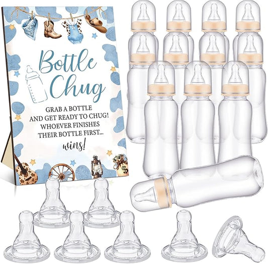 TrelaCo Cool Baby Shower Games Bottle Chug Sign and 12 Pcs Baby Bottle Shower Favor for Games Gender Reveal(Blue,Little Cowboy)
