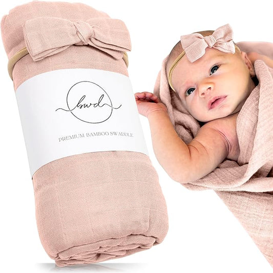 Premium Swaddle Blanket by BWD - Bamboo Viscose & Organic Cotton - Baby Girl Swaddle Set for Newborns and Infants, Muslin Baby Blanket, Ultra-Soft Luxury - 47 Inches (Dusty Blush)