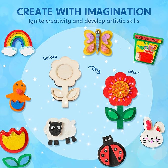 JOYIN 12 Wooden Magnet Creativity Arts & Crafts Painting Kit for Kids, Decorate Your Own Painting Gift for Halloween Crafts, Birthday Parties and Family Crafts, Party Favors for Boys Girls