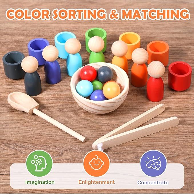 Montessori Wooden Balls in Cups, Toddler Color Sorting Toys and Matching Game, Preschool Learning Activities Educational Fine Motor Skill Toy for Kids