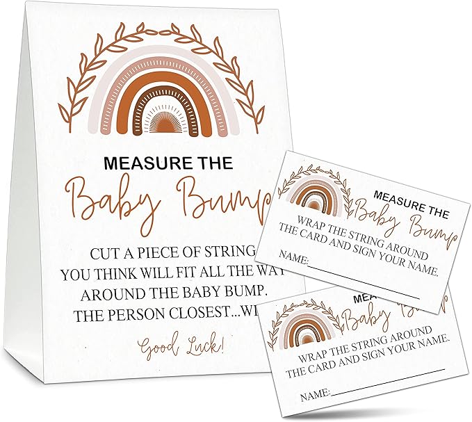 Measure the Baby Bump Baby Shower Game Set, 1 Standing Sign with 50 Guessing Cards, Boho Rainbow Gender Reveal Party Decorations Supplies - B46