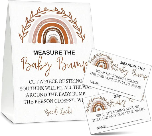 Measure the Baby Bump Baby Shower Game Set, 1 Standing Sign with 50 Guessing Cards, Boho Rainbow Gender Reveal Party Decorations Supplies - B46