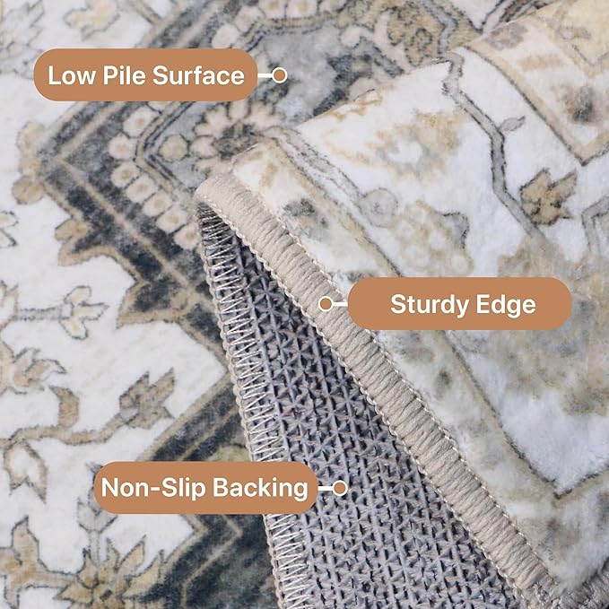 GENIMO 2x12 Runner Rugs for Hallway, Machine Washable Non Slip Vintage Rugs, Low Pile Lightweight Soft Print Rug for enrtyway, Corridor, Home Office, Kitchen, Heathered Grey