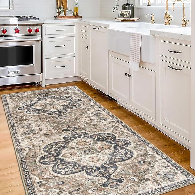 ReaLife Rugs Machine Washable Area Rug Runner - Living Room Bedroom Bathroom Kitchen Entryway Office - Padded Low Pile Stain Resistant Premium - Boho Farmhouse Vintage - Joy - Brown Beige 2'6" x 10'