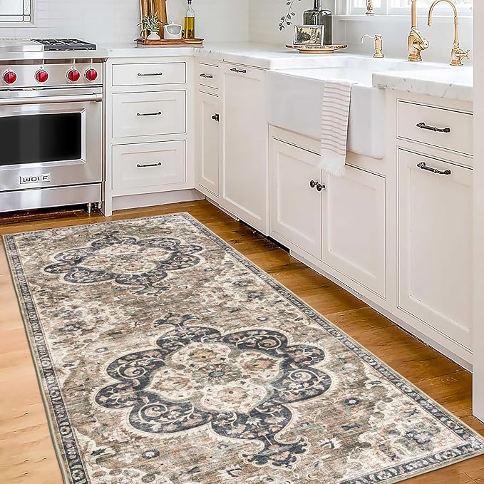ReaLife Rugs Machine Washable Area Rug Runner - Living Room Bedroom Bathroom Kitchen Entryway Office - Padded Low Pile Stain Resistant Premium - Boho Farmhouse Vintage - Joy - Brown Beige 2'6" x 6'