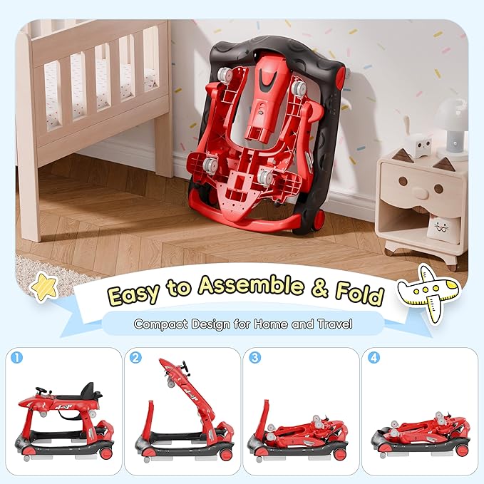Xilingol 6-in-1 Baby Walker with Wheels, Adjustable Height & Speed Activity Walker with Padded Seat, Foldable Walker for Babies, Toddler Push Walkers for Boy & Girl 6-18 Months, Music & Light