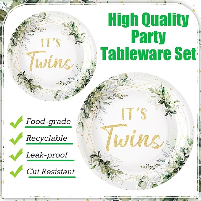 Zhehao 96 Pcs Twins Baby Shower Decorations Supplies Twins Cuties Baby Shower Tableware Set Eucalyptus Leaf Orange Strawberry Themed Plates Napkins Forks for 24 Guests(Eucalyptus Leaf)
