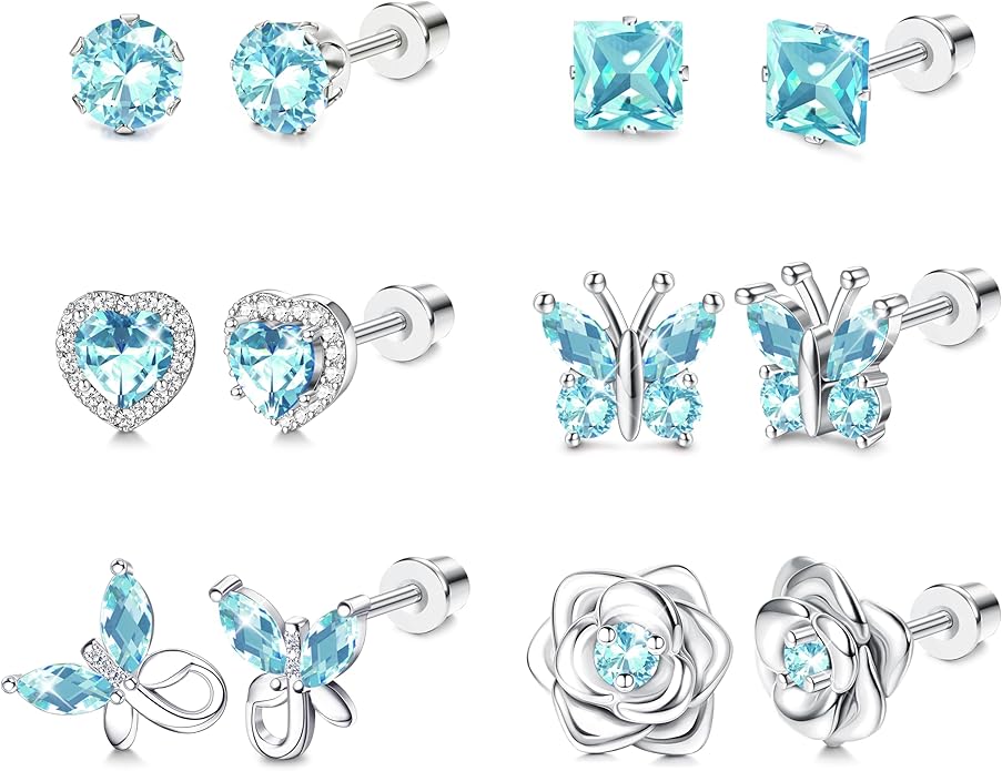 THUNARAZ Hypoallergenic Screw Back Earrings for Girls Women Surgical Stainless Steel Stud Earrings for Sensitive Ears Cute Butterfly Flower Heart CZ Screwback Earring Kid Toddler Girls Jewelry Gift