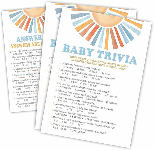 Sunshine Baby Trivia Shower Game Kit - Retro Here Comes The Sun - 30 Fill In Game Cards & 1 Answer Card For Baby Shower, Gender Reveal Party Favor, Activity & Supplies - A07