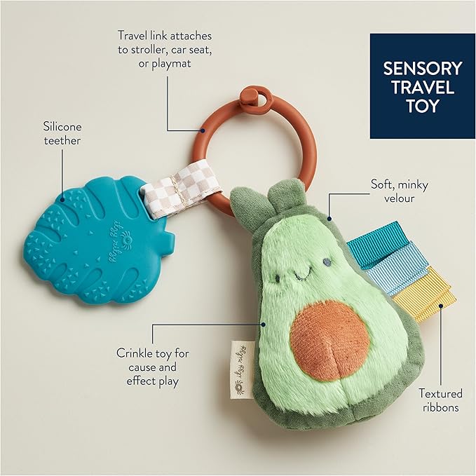 Itzy Ritzy Infant Toy & Teether - Itzy Pal Baby Teething Toy Includes Lovey, Crinkle Sound, Textured Ribbons & Silicone Teether for Newborn (Avocado)