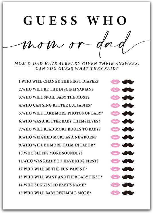 ZIIUFRN Baby Shower Games(5" X 7"), 30 Sets Modern Black and White Baby Guess Who Mom or Dad Game Cards, Boy Girl Gender Neutral Baby Shower Supplies-B08