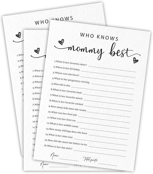 EXW Baby Shower Games: Who Knows Mommy Best, Double-sided Filling White Minimalism Game Cards, Hilarious Party Games & Decorations, Set of 30 -A05