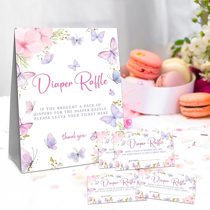 Watercolor Butterfly Diaper Raffle Set For Baby Shower - 50 Raffle Tickets With 1 Standing Sign - Baby Announcement, Gender Reveal Baby Shower Party Decoration Game Set - A03