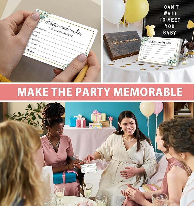 Baby Shower Advice and Wishes Cards for The Parents To Be, 50Pcs Advice Cards With Box for Baby Shower Games Party Decorations, Wishes for New Parents Mommy & Daddy(Greenery) -A03
