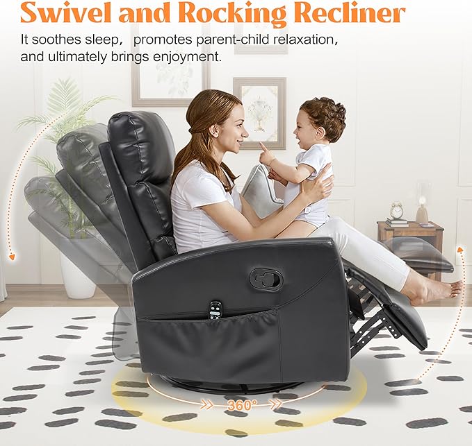 Manual Swivel Rocker Recliner Chair with Massage, Overstuffed Recliner Glider with Vibration Massage and Heat for Nursery, Living Room Reclining Sofa Chair, PU Leather Black