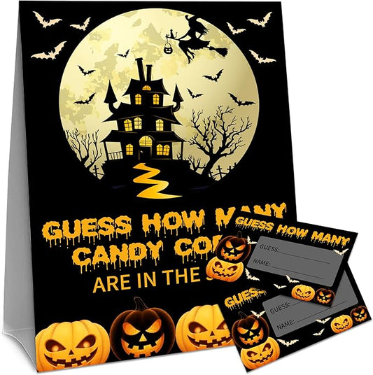 Halloween How Many Candy Corns Are In The Jar - 1 Standing Sign & 50 Guessing Cards - Halloween Funny Pumpkins Party Game & Decoration For Boys, Girls, Adults - Baby Shower, Birthday Game Set - A06