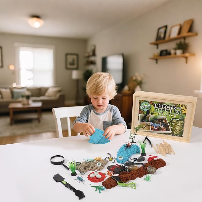 Insects and Reptiles Putty Explorers Educational Sensory Kit Wooden Play Box Bugs Snakes Science Life Moldable Sand Kit STEM Educational Toys Science Teacher Classroom Gifts Lizards Volcano Easter