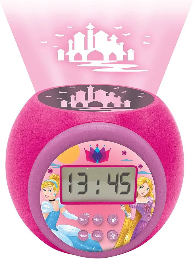 LEXIBOOK Projector Clock Disney Princess with Snooze Alarm Function, Night Light with Timer, LCD Screen, Battery Operated, Pink