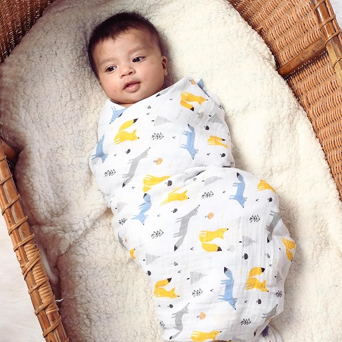 Featherhead™ 100% Cotton Muslin Swaddle Blankets for Baby Boy - Large 47”x 47” - Pre-Washed, Soft, & Breathable - Newborn Essential & Perfect Baby Registry Gift (4 Pack - Blue Foxes)