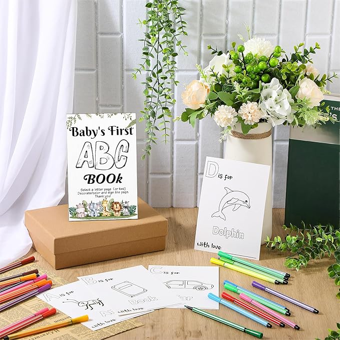 Geelin 51 Pcs Fun Baby Shower Game Activities First ABC Book Sign Coloring Game Card 26 Alphabet a to Z Coloring Card with 24 Watercolor Pen Storage Bag for Baby Shower Party(Safari)