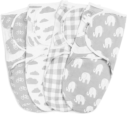 BaeBae Goods Swaddle Blanket, Adjustable Infant Baby Swaddling Wrap Set of 4, Baby Swaddling Wrap Blankets for Boys and Girls Made in Soft Cotton (3-6 Months, Grey Elephants)