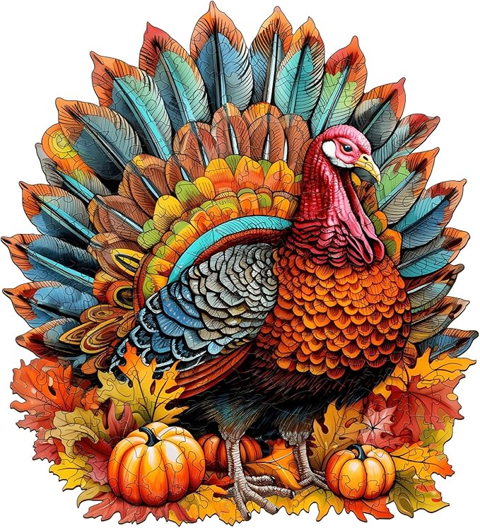 WOODBESTS Wooden Puzzle for Adults, Colorful Turkey Puzzle (M, 200pcs, 11.4"x10.3") Beautiful Wooden Box, Wooden Jigsaw Puzzles Unique Shape, Thanksgiving Gifts for Adults and Kids Family Game