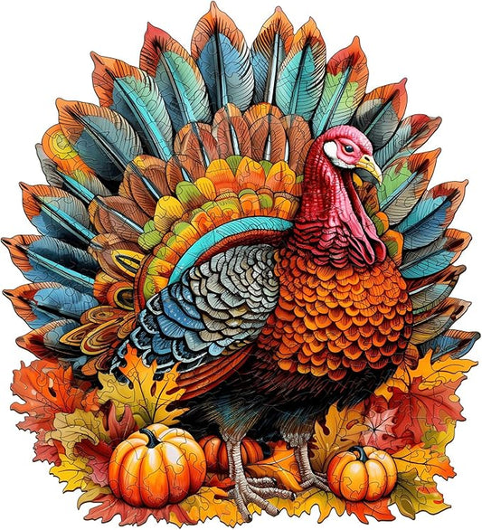 WOODBESTS Wooden Puzzle for Adults, Colorful Turkey Puzzle (M, 200pcs, 11.4"x10.3") Beautiful Wooden Box, Wooden Jigsaw Puzzles Unique Shape, Thanksgiving Gifts for Adults and Kids Family Game