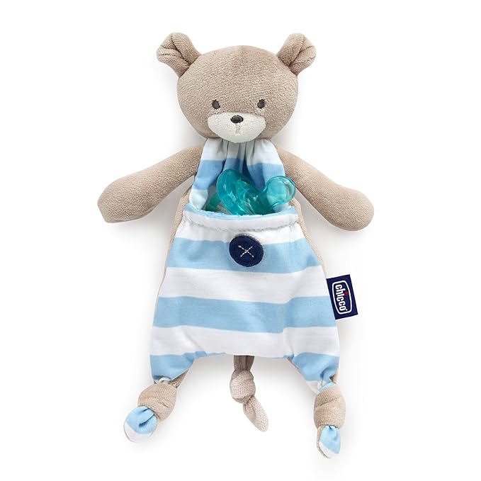 Chicco Pocket Buddies Soft Pacifier Holder-Lovey, Soothing Plush Toy Animal 0m+, Blue Bear