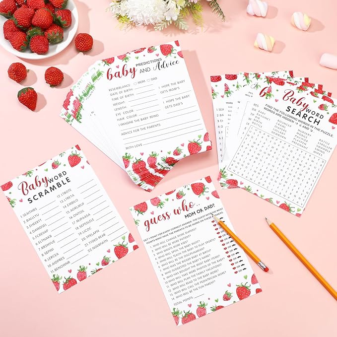Jetec Strawberry Theme Baby Shower Games - 6 Games, 50 Sheets Each - Baby Shower Bingo, Word Scramble, Word Search, Predictions and Advice, The Price is Right, Guess Who