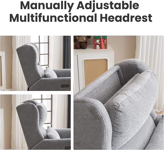 Oversized Swivel Rocker Recliner with Adjustable Headrest, 26" Extra Wide Glider Recliner Nursery Chair with Double Cushion, Chenille Glider Rocking Chair for Living Room,Cup Holder,Grey