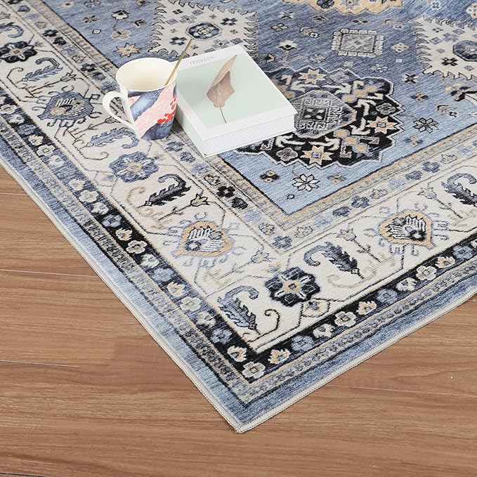 Dripex Vintage Washable Area Rug - 4x6 Distressed Rugs for Living Room Bedroom Oriental Medallion Floral Print Carpet Low-Pile Indoor Soft Non-Slip Accent Rug Farmhouse Office Home Decor