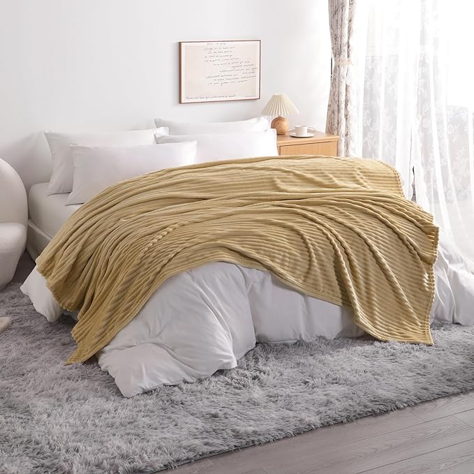 NTBAY Plush Flannel Twin Bed Blanket, 60X80 Inches Soft and Warm Lightweight Bed Blanket with Striped Texture Bed Blanket for Couch Sofa Bed All Seasons, 60"x80", Khaki