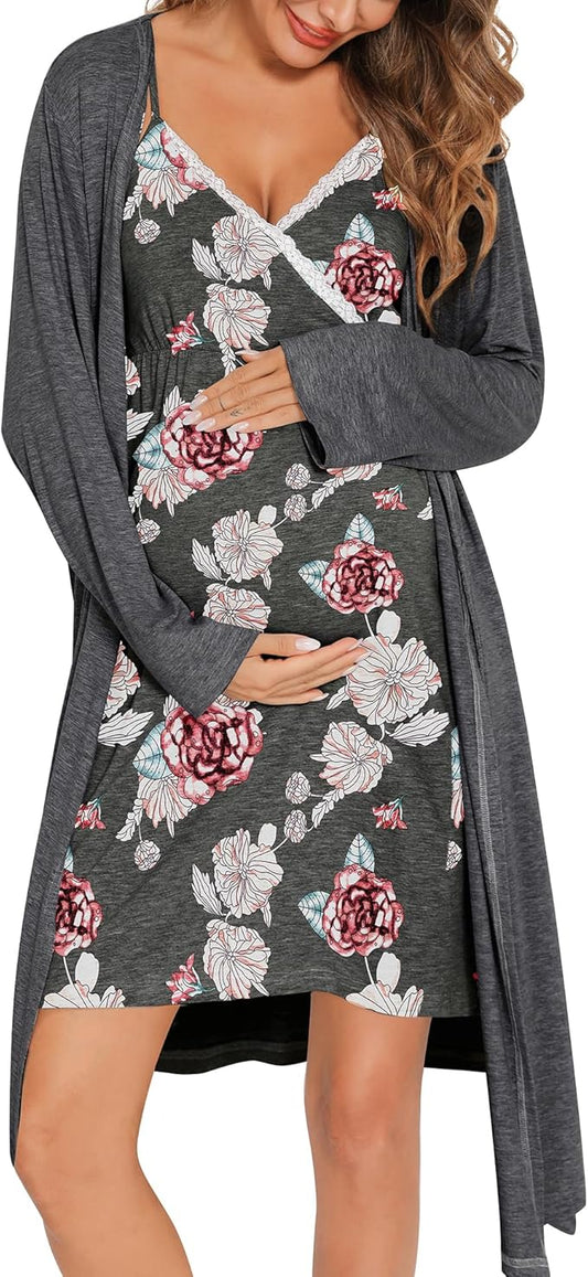 SWOMOG Womens Maternity Robe 2 Piece Nursing Nightgown for Breastfeeding 3 in 1 Labor Delivery Nursing Dress Lace Bathrobe