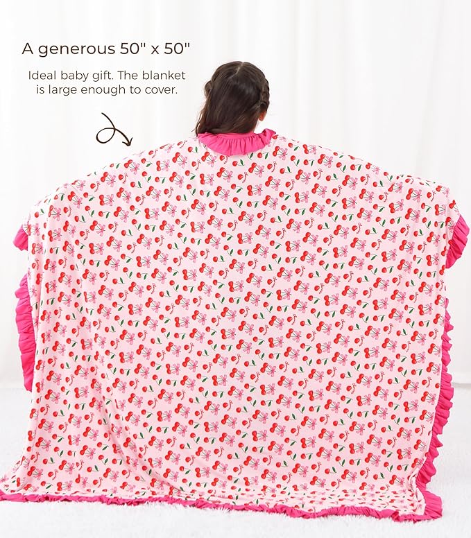 Premium Baby Blanket for Girls, Stretchy Quilt, Soft Crib Bedding for Newborn Baby and Toddler, Ruffle Nursery Blanket for Kids, Viscose Made from Bamboo, 50''x50'' Sweet Cherries
