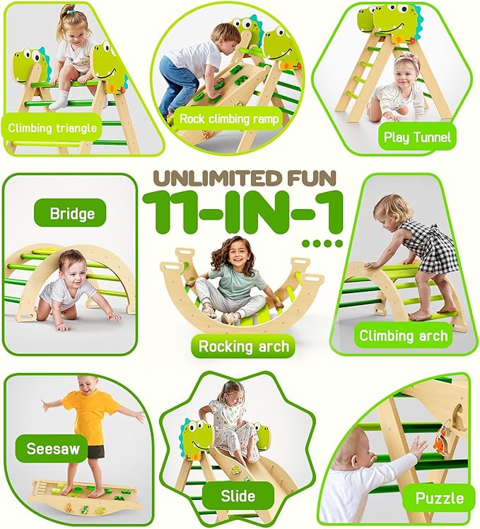 Pikler Triangle Climbing Set - 11-in-1 Foldable Indoor Jungle Gym for Toddler 1.8M-7Y, Baby Climbing Toys, Montessori Climber Gifts, Wooden Climbing Playground for Playroom & Nursery