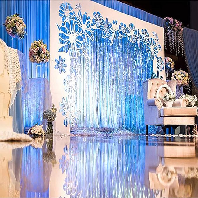 BRAVESHINE Blue Tinsel Foil Fringe Curtains - 2Pcs 3.2x8.2 ft Metallic Holidays Photo Backdrop for Boys Men Birthdays Homecoming Bachelor Bachelorette Engagement Sea Theme Ramadan Party Decorations