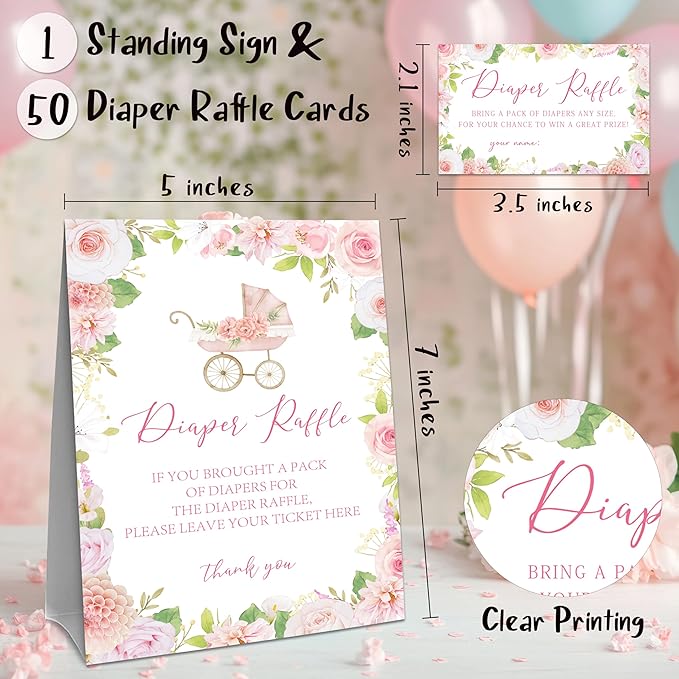 Floral Stroller Diaper Raffle Set For Baby Shower - 50 Raffle Tickets With 1 Standing Sign - Baby Announcement, Gender Reveal Baby Shower Party Decoration Game Set - A05