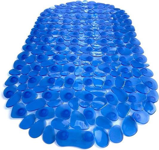 “Pebbles” Non-Slip Bathtub & Shower Mat 27”x14” Oval - Non-Toxic - Safe, Clean, Machine-Washable, Superior Grip & Drainage, Vinyl, for Smooth Floors ONLY, Transparent Blue