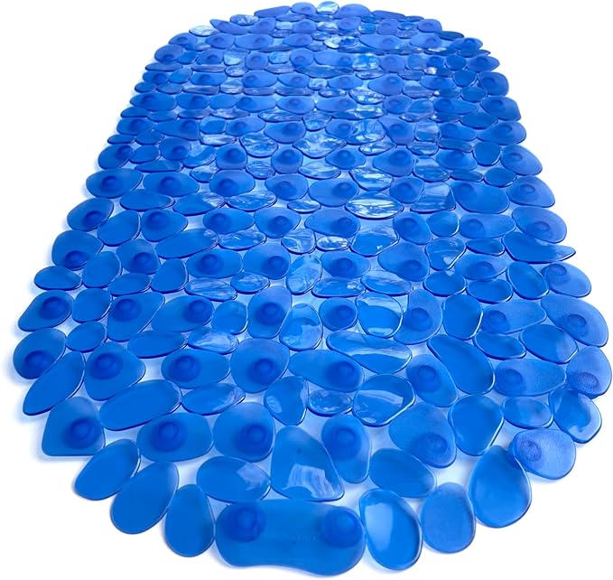 “Pebbles” Non-Slip Bathtub & Shower Mat 27”x14” Oval - Non-Toxic - Safe, Clean, Machine-Washable, Superior Grip & Drainage, Vinyl, for Smooth Floors ONLY, Transparent Blue