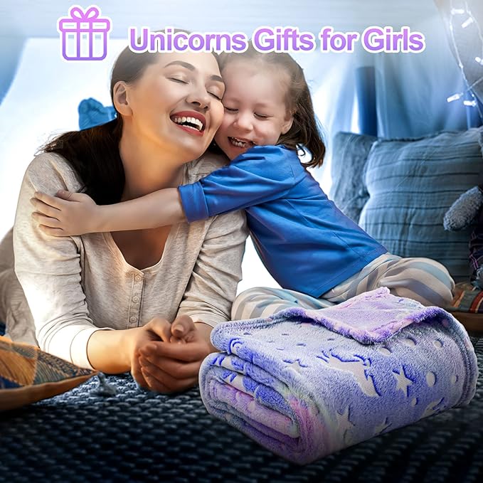 TEHALK Personalized Unicorn Blanket for Girls, Glow in The Dark, Fleece 30"x40"