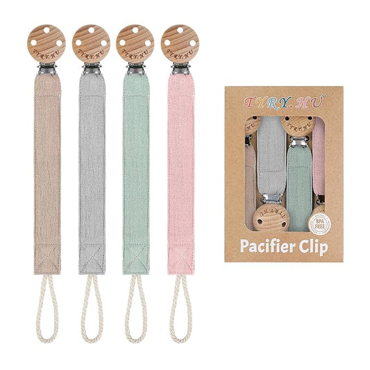 TYRY.HU Ribbon Pacifier Clip Holder,4 Pack Binky Paci Holder Clips, Pacifier Leash for Boys and Girls, Soft Webbing Strap Universal Fits for Most Pacifier, Styles & Teethers(Khaki,Grey,Green,Pink)