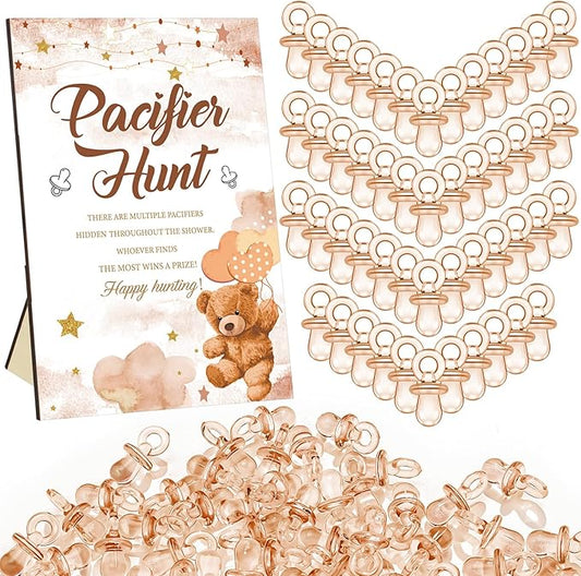 Thyle 51 Pcs Pacifier Hunt Baby Shower Games Include Hunt Sign and 50 Acrylic Pacifiers for Baby Shower Game Decoration Gift Sets Gender Reveal Party Decor(Brown Bear)