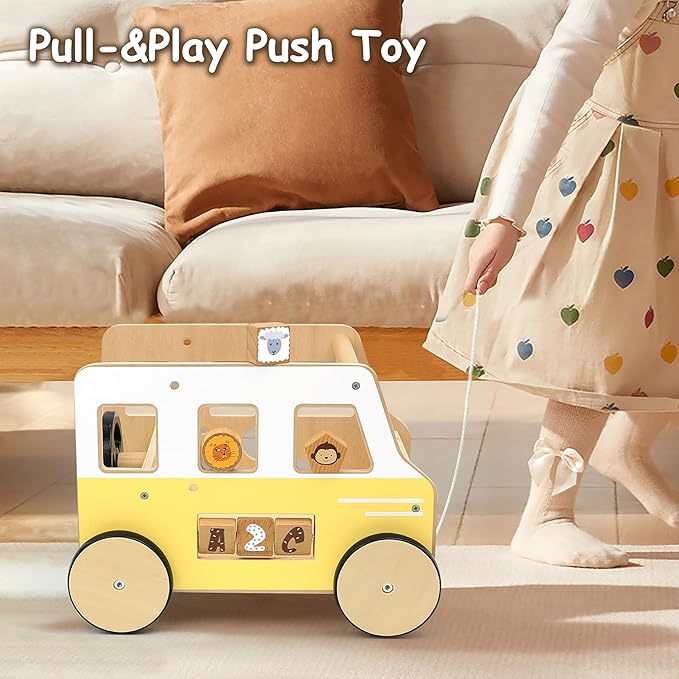 Wooden Baby Push Walker – Montessori Walker & Activity Push Toy with Steering Wheel + Rotating Headlights | Balance Trainer for Toddlers 1‑3 Years