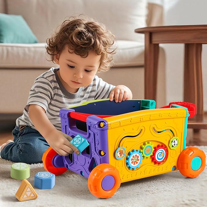 Interactive Learning Push Walker Toy for Toddlers, Musical Activity Wagon with Handle, Educational Rolling Cart with Blocks，Suitable for 18 Month Old Boys and Girls