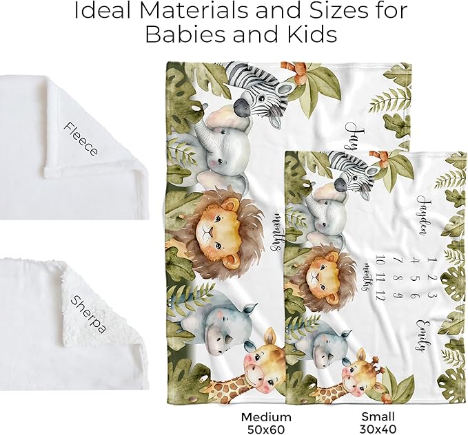 MDPrints Twin Milestone Baby Blanket, Custom Monthly Blankets for Twins Boys and Girls, Customized Gifts with Name (Twin Safari HPDK02)