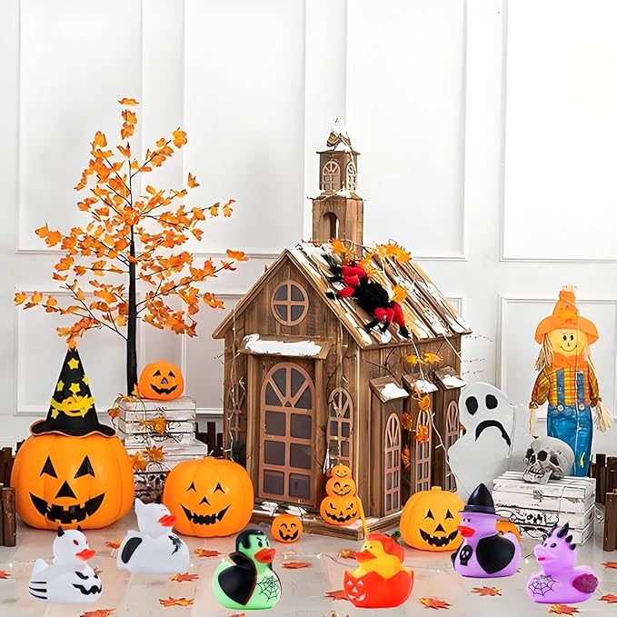 12PCS Halloween Light up Rubber Duck Glow in The Dark Pumpkin Skeleton Spider Bat Witch Duck Bathtub Toy for Kid Halloween Party Favor