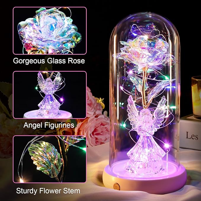 Birthday Gifts for Women Angel Rose USB Rechargeable Light Up Flowers in Glass Dome,Preserved Flowers Grandma Mom Gifts from Daughter Angel Figurines for Anniversary Mothers Day