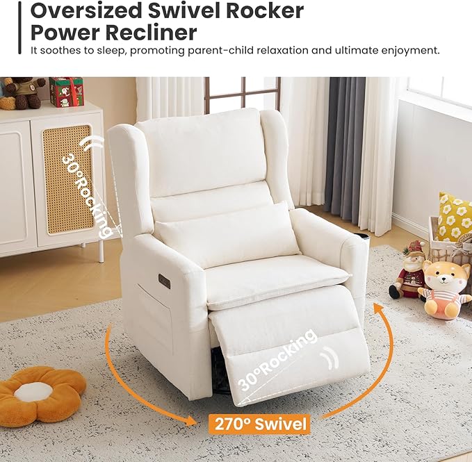 Oversized Swivel Rocker Recliner with Adjustable Headrest, 26" Extra Wide Glider Recliner Nursery Chair with Double Cushion, Chenille Glider Rocking Chair for Living Room,Cup Holder,White