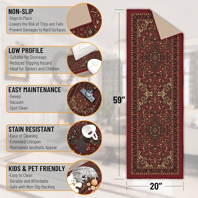 Ottomanson Hallway Runner Rug 20" x 59" Non Slip Oriental Area Rugs Easy to Clean Laundry Rug Runner Durable & Pet Friendly Floor Carpet Runners for Hallways Entryway Living Room Kitchen, Red