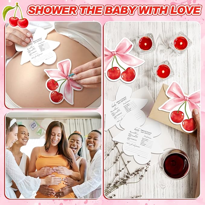 50 Pcs Cherry on Top Baby Shower Decorations Double Side Baby Predictions & Advice Cards for New Parents Cherry Shower Games with Cards Wooden Keepsake Box for Wishes Decorations